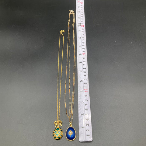 Vintage Avon Faberge Style Egg Pendant Necklaces Set of 2 Gold Tone Enamel