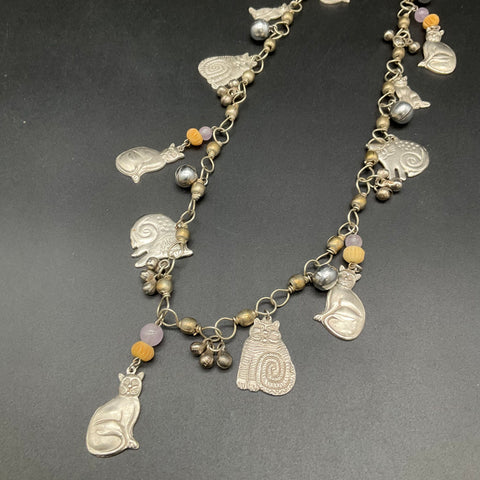 Artisan Silver Tone Cat Charm Necklace with Beads and Bells 16 Inch