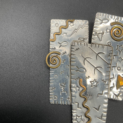Vintage Q Miller Mixed Metal Southwestern Modernist Stamped Symbols Brooch Pin