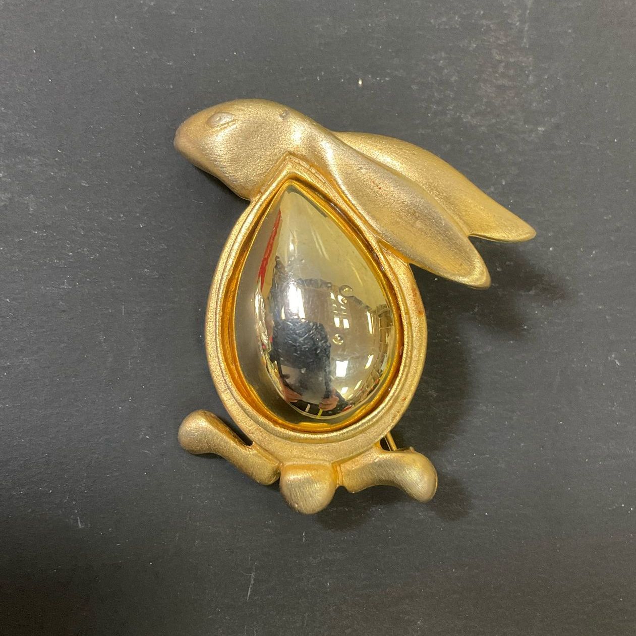 Vintage Bunny Rabbit Brooch Jelly Belly Gold Tone Shiny & Brushed Finish