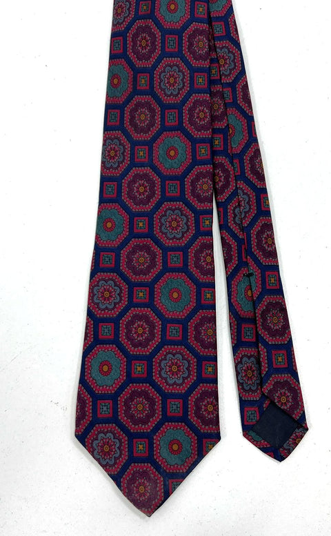 Vintage Men's Liberty of London Red Blue Medallion Print 100% Silk Neck Tie