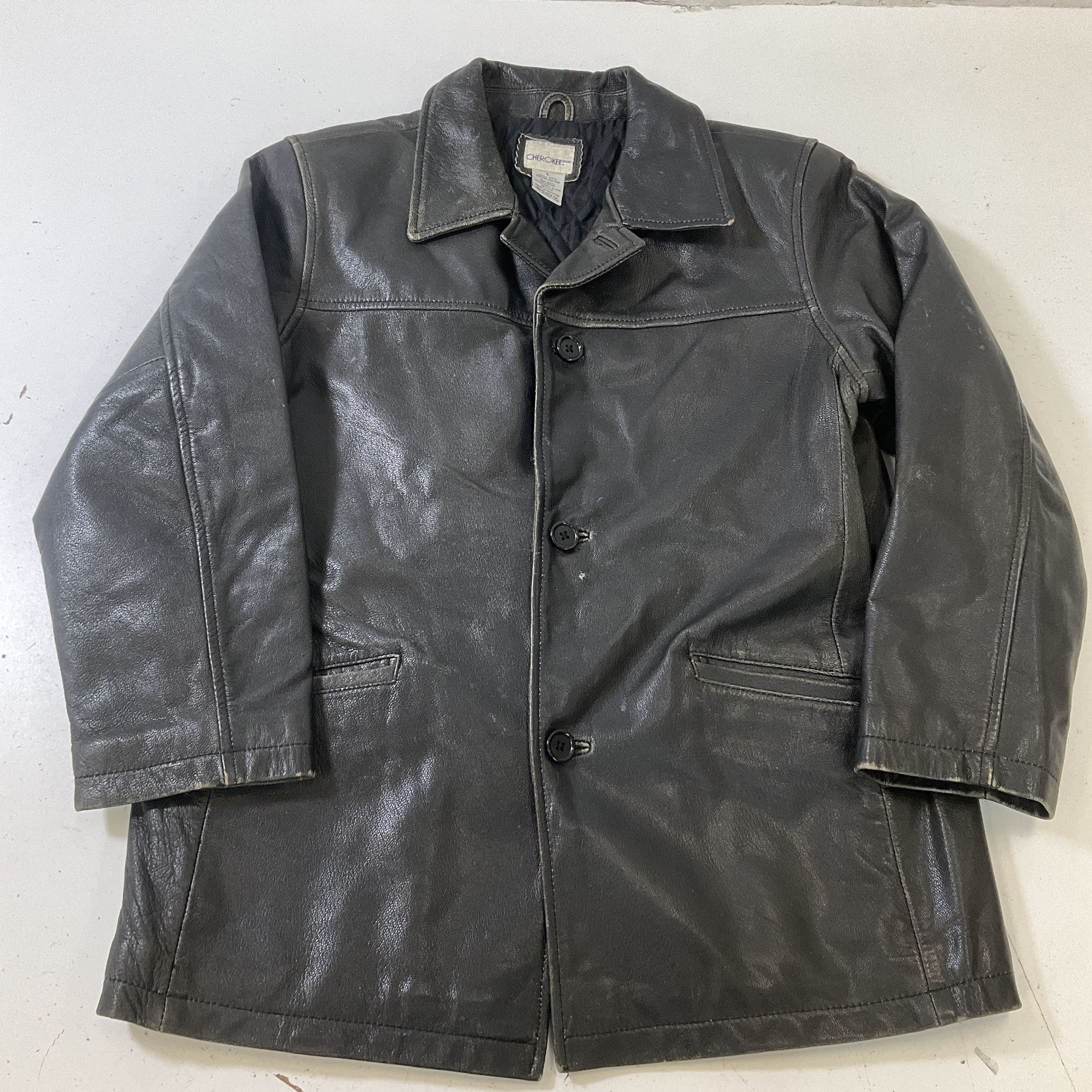 Vintage Cherokee Boy's Black Leather Jacket Button Front Size Large