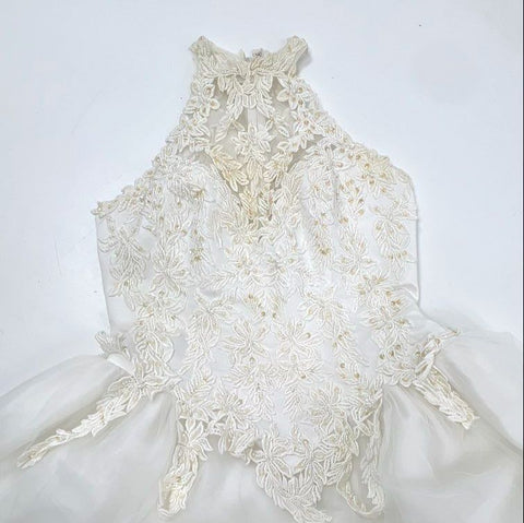 Vintage Y2K Women's White High Neck Halter Lace Beaded Wedding Dress Gown Sz 16