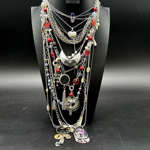 Fashion Jewelry Lot 15+ Necklaces Silver Tone Fortune Cookie Heart Beaded Mix