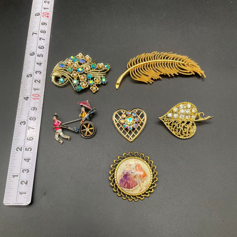 Vintage Monet W. Germany Brooch Lot of 6 Rhinestone Portrait Rickshaw Feather