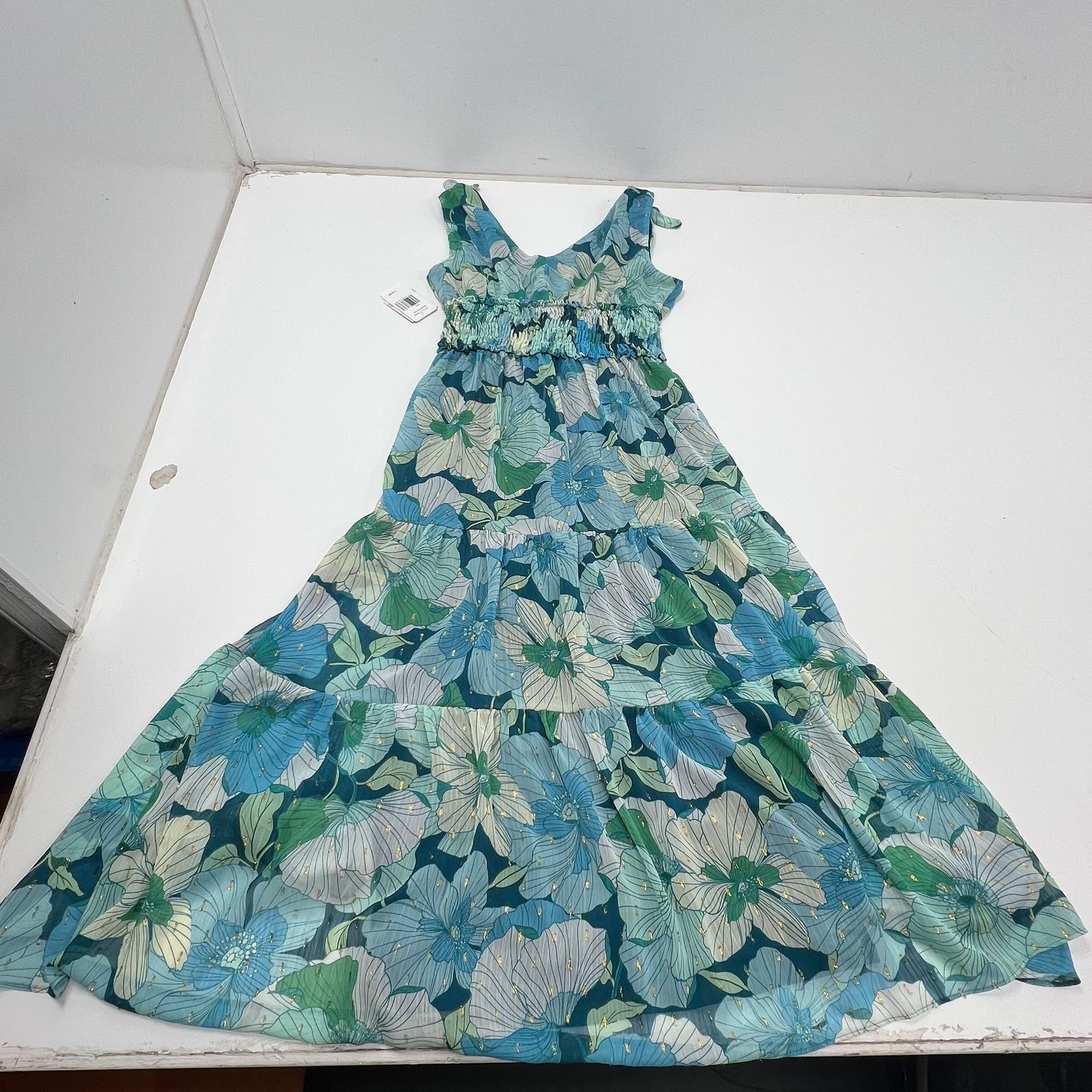 Taylor Blue Green Floral Metallic Smocked Tiered Maxi Dress Size 2 NWT