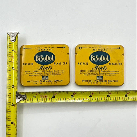 Vintage BiSoDol Mints Antacid Metal Tin Lot of 2 Whitehall Pharmacal Display