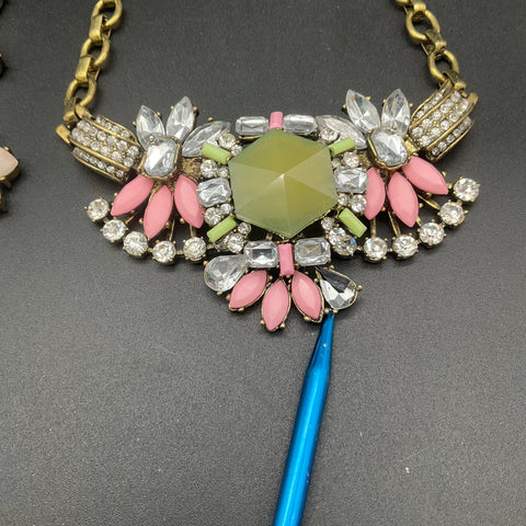 Statement Costume Jewelry Lot of 3 Gold Tone Necklaces Pink Green Clear Stones