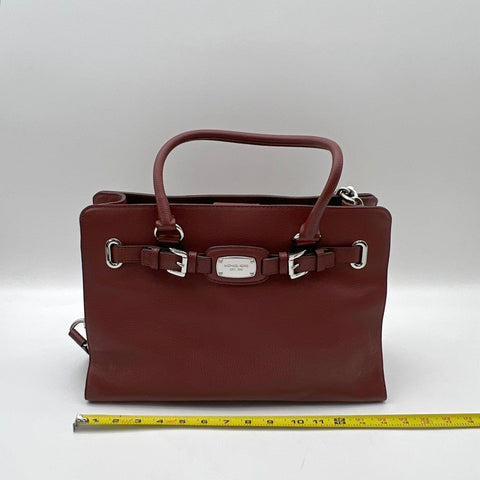 Michael Kors Burgundy Pebbled Leather Buckle Satchel Bag Silver Hardware