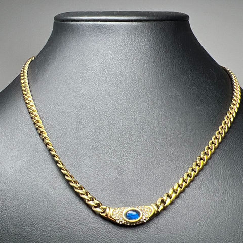 Vintage Cadena Signed Gold Tone Blue Cabochon Rhinestone Curb Chain Necklace