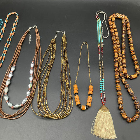 Boho Beaded Multi-Strand Tassel Necklace Jewelry Lot of 10 Wood Glass Earthy