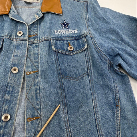 Vintage 90s Dallas Cowboys Pro Elite Denim Jacket Leather Collar Sz XL