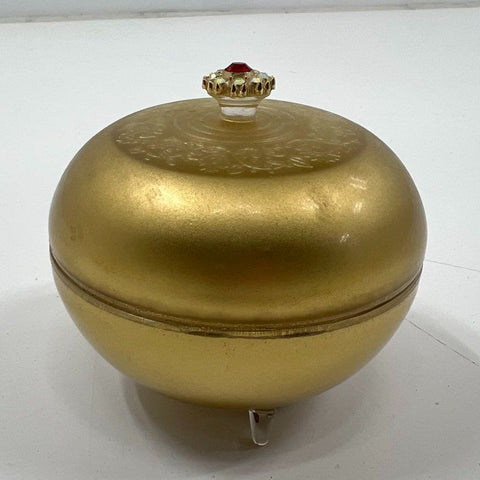Vintage 70s Lady-Mate Gold Musical Powder Jar Trinket Box Sankyo Jeweled Lid