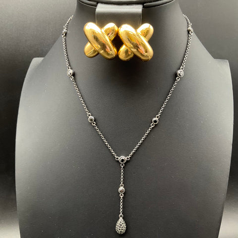 Carolee Vintage Gold Tone Clip Earrings & Silver Tone Black Stone Necklace