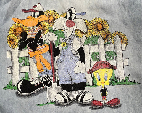 Vintage 90s Looney Tunes Embroidered Denim Shirt XL Daffy Sylvester Tweety