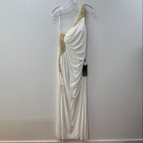 Cinderella Divine Women's Gown Dress Ivory Gold One Beaded Slit NWT Sz 14