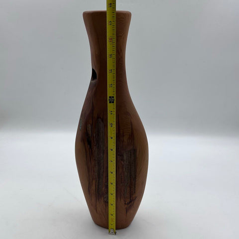 Studio Craft Red Cedar Wood Vase Turquoise Inlay Signed DG 18 Inch Vintage