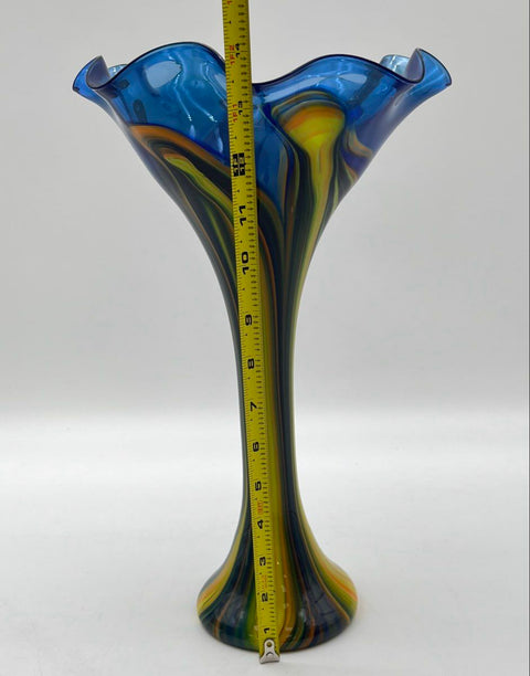 Art Glass Vase Blue Yellow Swirl Pulled Feather Signed Ruffled Rim 14 Inch