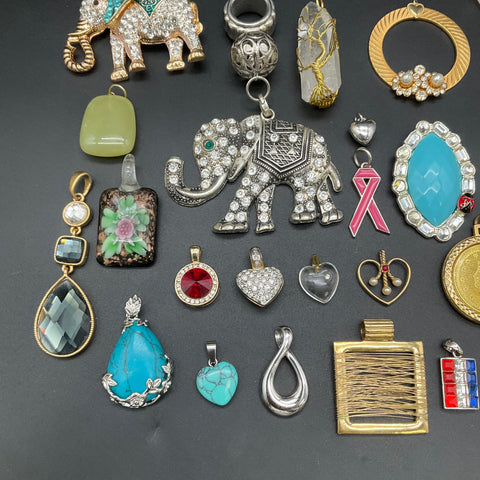 Vintage to Modern Costume Jewelry Pendant Lot 35+ Pc Rhinestone Figural Stones