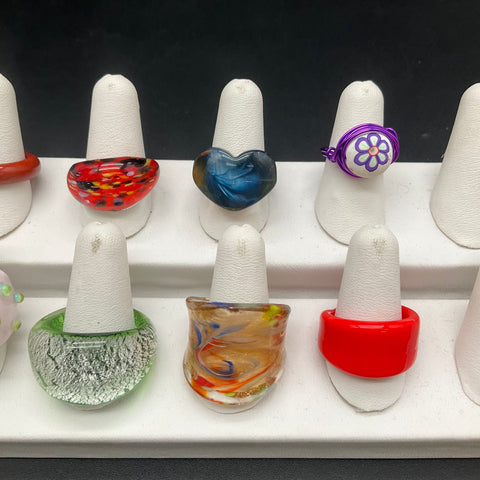 Vintage Boho Art Glass Resin Jewelry Lot of 10 Statement Rings Wire Wrapped