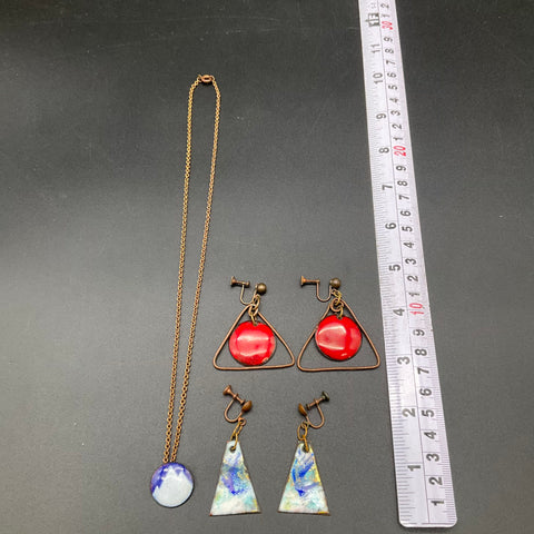 Vintage Mid-Century Enameled Copper Jewelry Lot 5 Pieces Earrings Necklace