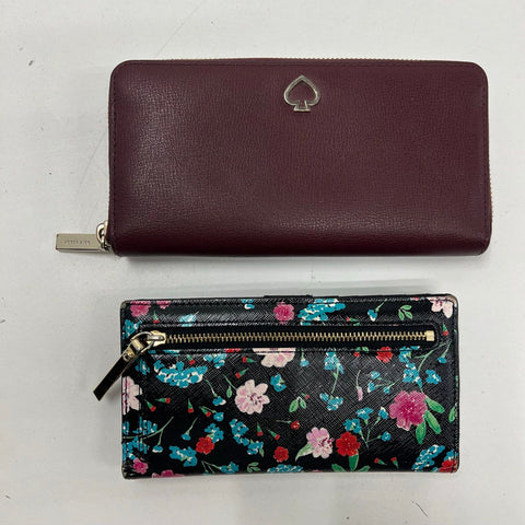 Kate Spade Burgundy Leather & Black Floral Print Wallets Lot of 2