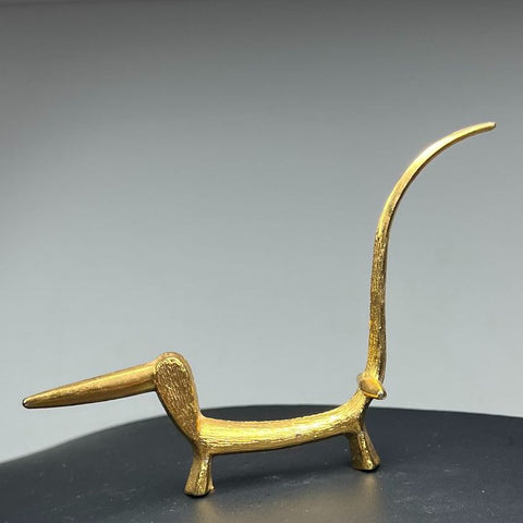 TAN MCM Style Dachshund Long Dog Gold Tone Ring Holder