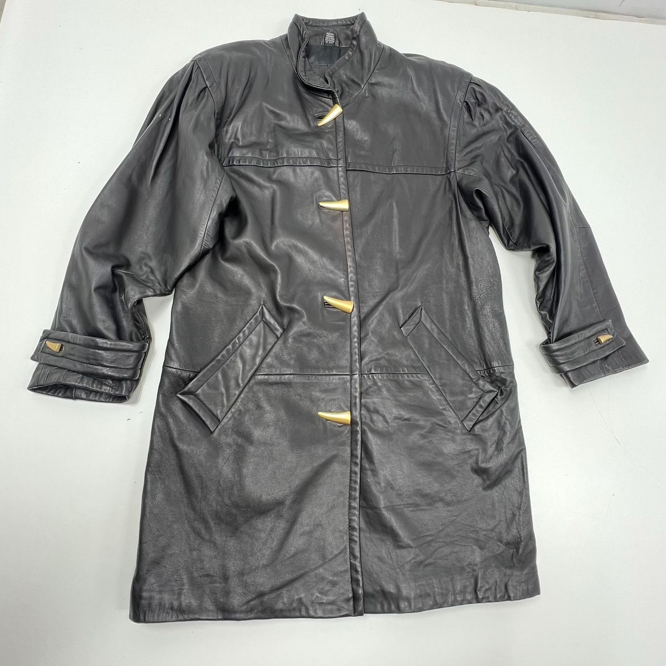 Vintage 80s Jacqueline Ferrari Black Leather Toggle Trench Coat Jacket Womens M