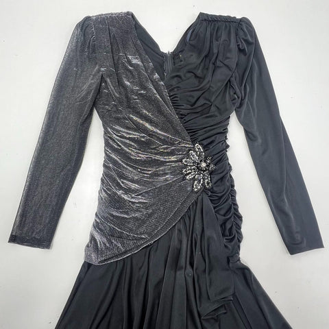 Vintage Filigree Ltd 80s Dress Sz 8 Black Silver Asymmetrical Ruched Cocktail