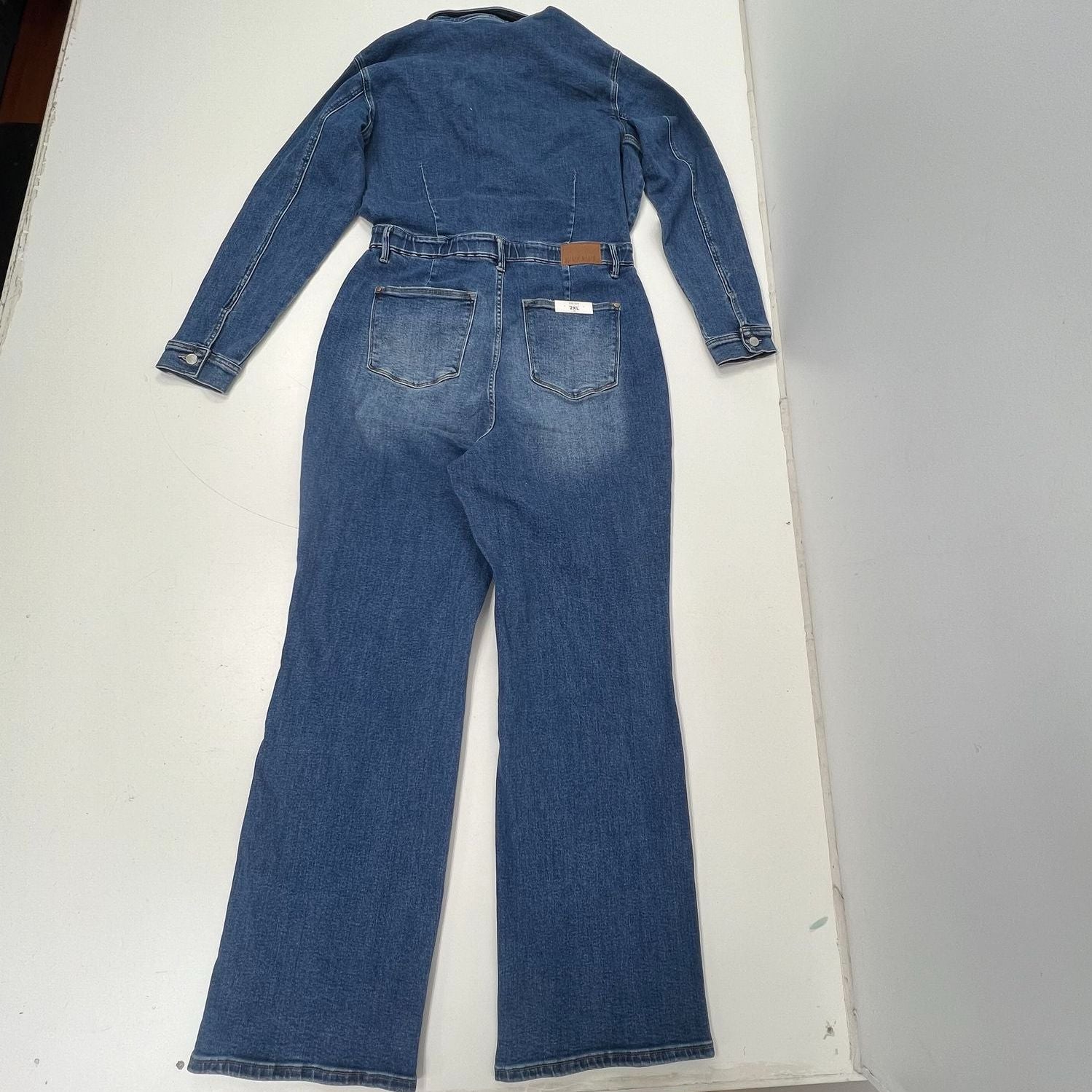 Judy Blue Med Wash Blue Denim Flare Leg Long Sleeve Jumpsuit Womens 2XL NWT