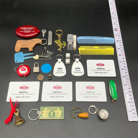 Junk Drawer Lot Omaha Stockyards Advertising Mixed Collectibles 30 Pcs Vintage