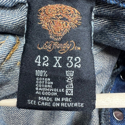 Ed Hardy Y2K Blue Distressed Relaxed Fit Button Fly Jeans Men's 42x32