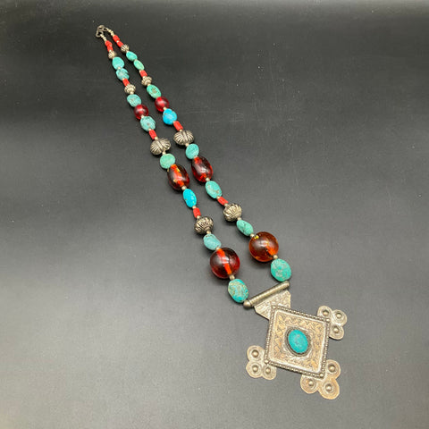 Vintage Boho Statement Necklace Stamped India Turquoise Amber Coral Style Beads