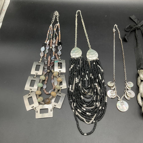 Vintage to Modern Silver Tone Chunky Statement Necklace Lot 5pc Beaded Shell