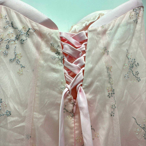 Vintage 90s Zum Zum Pink Sequin Floral Strapless Lace Up Back Prom Dress Sz 5/6