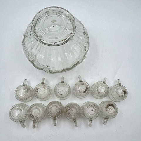 Vintage Pressed Glass Grape Pattern 13 Piece Punch Bowl Set Clear