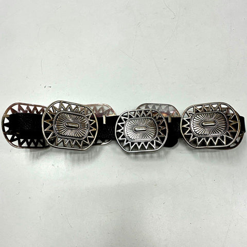 Women's Black Leather Belt Silver Concho Medallion Southwestern Western Sz 36