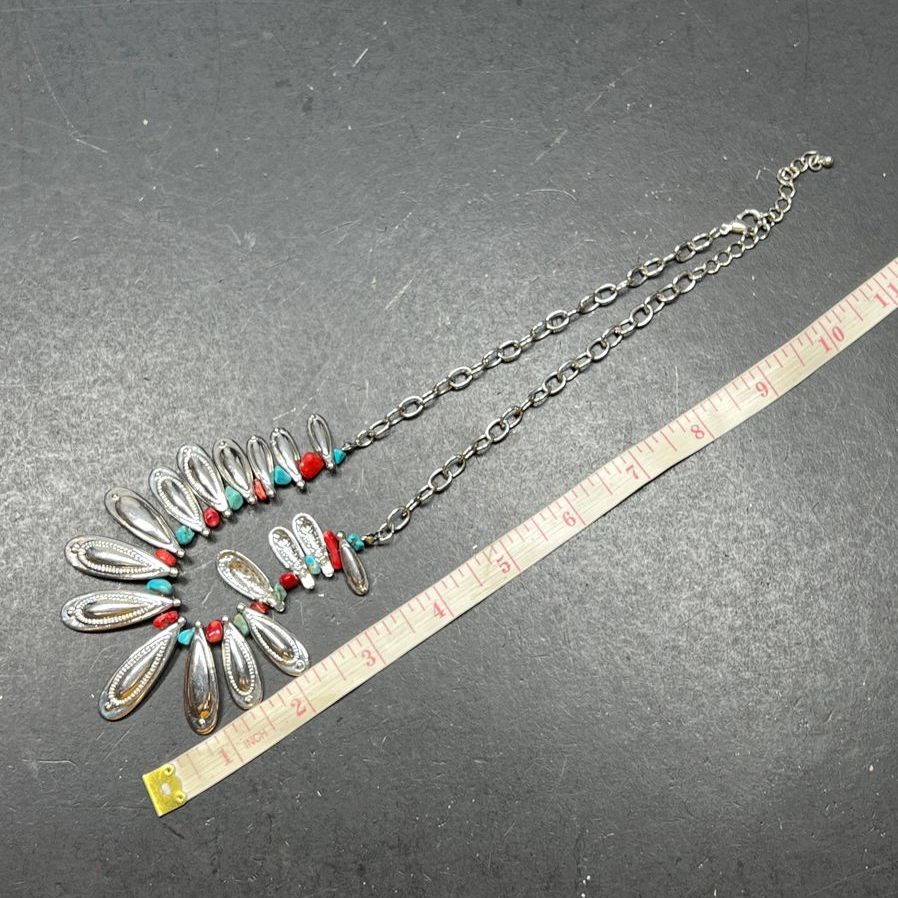 Turquoise and Coral Chip Beaded Silver Tone Necklace & Earrings