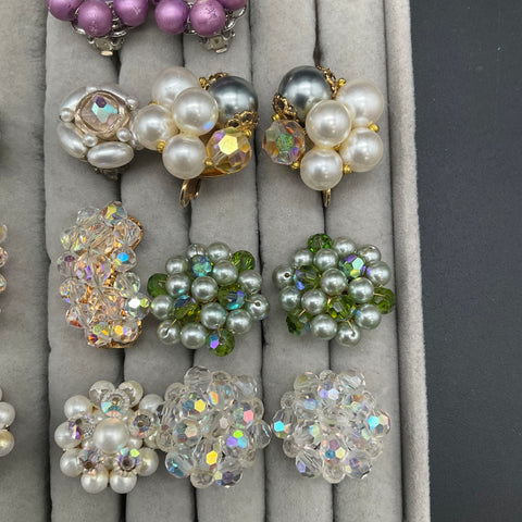 Vintage Clip On Earrings Lot of 15 Faux Pearl Rhinestone Crystal Mid-Century