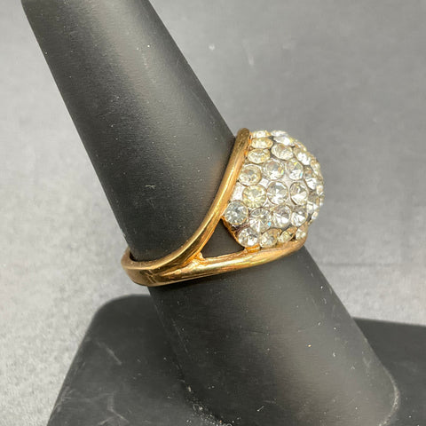Vintage Style 18K HGE Gold Tone Pav Clear Rhinestone Dome Ring Size 7