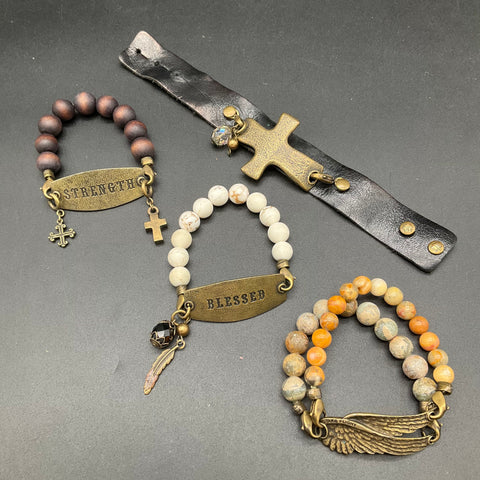 Lenny & Eva Brass Tone Jewelry Lot of 4 Bracelets Strength Blessed Cross Wing