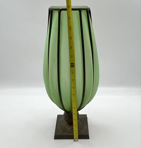 Vintage Green Satin Glass Caged Metal Frame Pedestal Vase 18 Inch Large