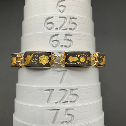 Vintage Damascene Panel Link Bracelet Bird & Flower Motif Gold Tone 6.75"