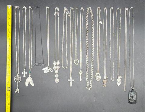 Silver Tone Costume Jewelry Lot 17 Pieces Necklaces Cross Heart Dreamcatcher