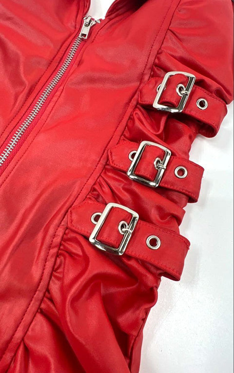 Lydia U.S.A. Women's Red Halter Full Zip Ruched Mini Dress Buckles Sz S