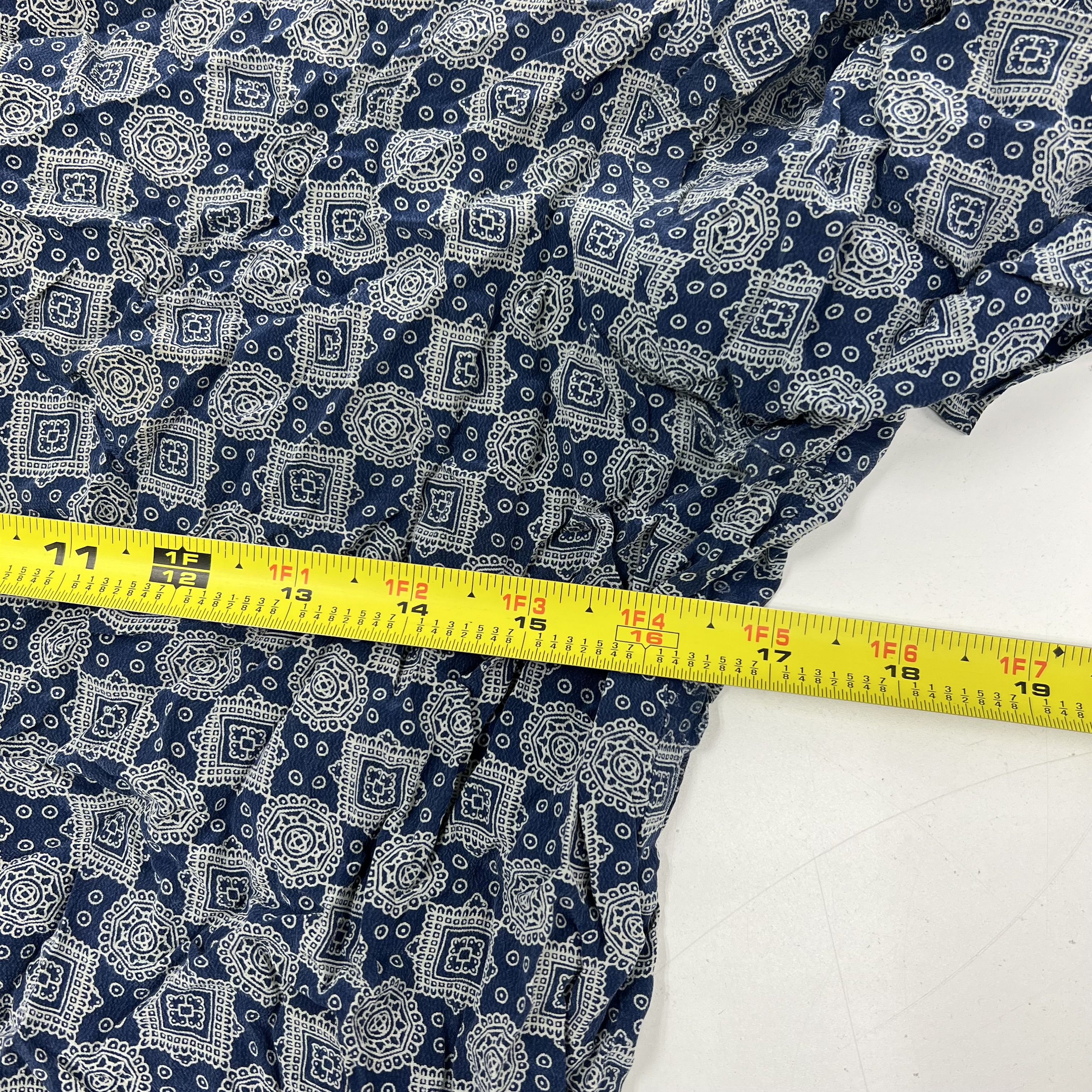 Vintage 90s Nordstrom Blue Geometric Print Silk Crinkle Blouse Women's 16