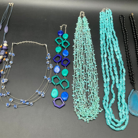 Vintage to Modern Costume Jewelry Lot 1 Lb Blue Teal Necklaces 7 Pcs Chico's