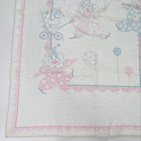 Vintage Hand Embroidered Baby Quilt Stamped Clown Circus Crib Blanket Pink Blue