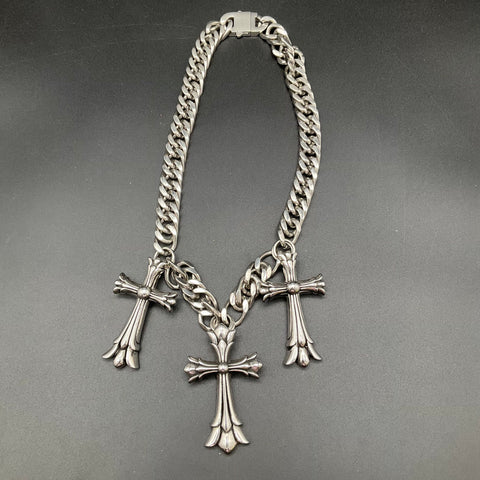 Heavy Silver Tone Ornate Triple Cross Curb Chain Necklace Gothic Style 392g