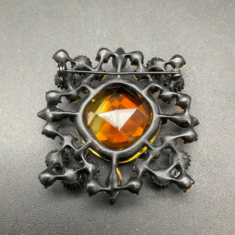 Vintage Japanned Metal Rhinestone Brooch Amber Orange AB Marquise 2.5-Inch
